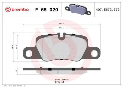 P65020 BREMBO - KLOCKI HAMULCOWE PORSCHE PANAMERA 09- TYŁ